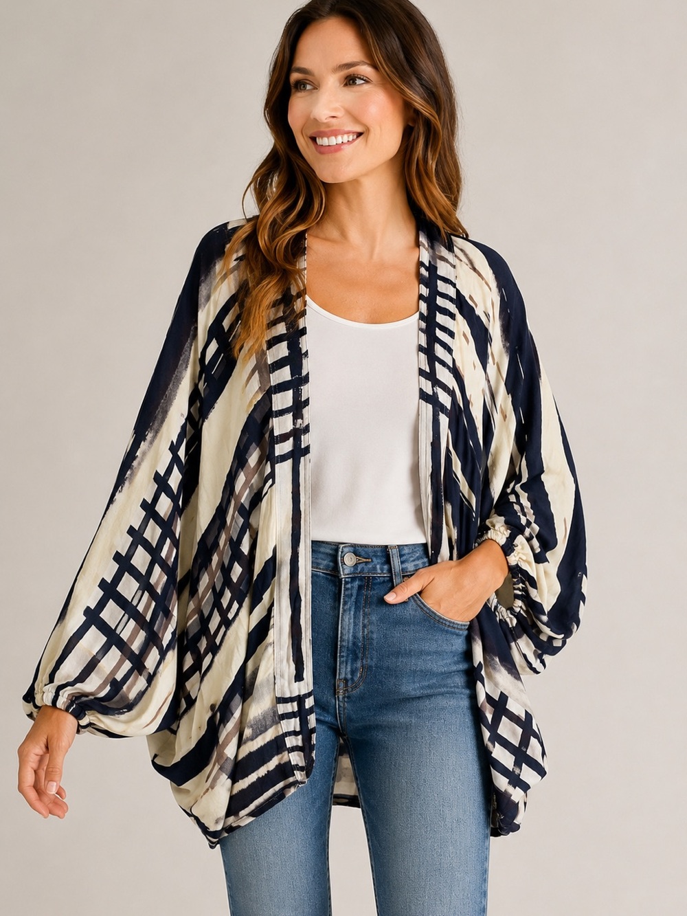 Anthro/ Floreat Navy Geometric Open-Front Wrap Cocoon Kimono